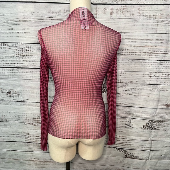 ⭐️ Steve Madden XS Eliza Mesh Top Pink Black Houndstooth Sheer Long Sleeve Shirt - Picture 5 of 14